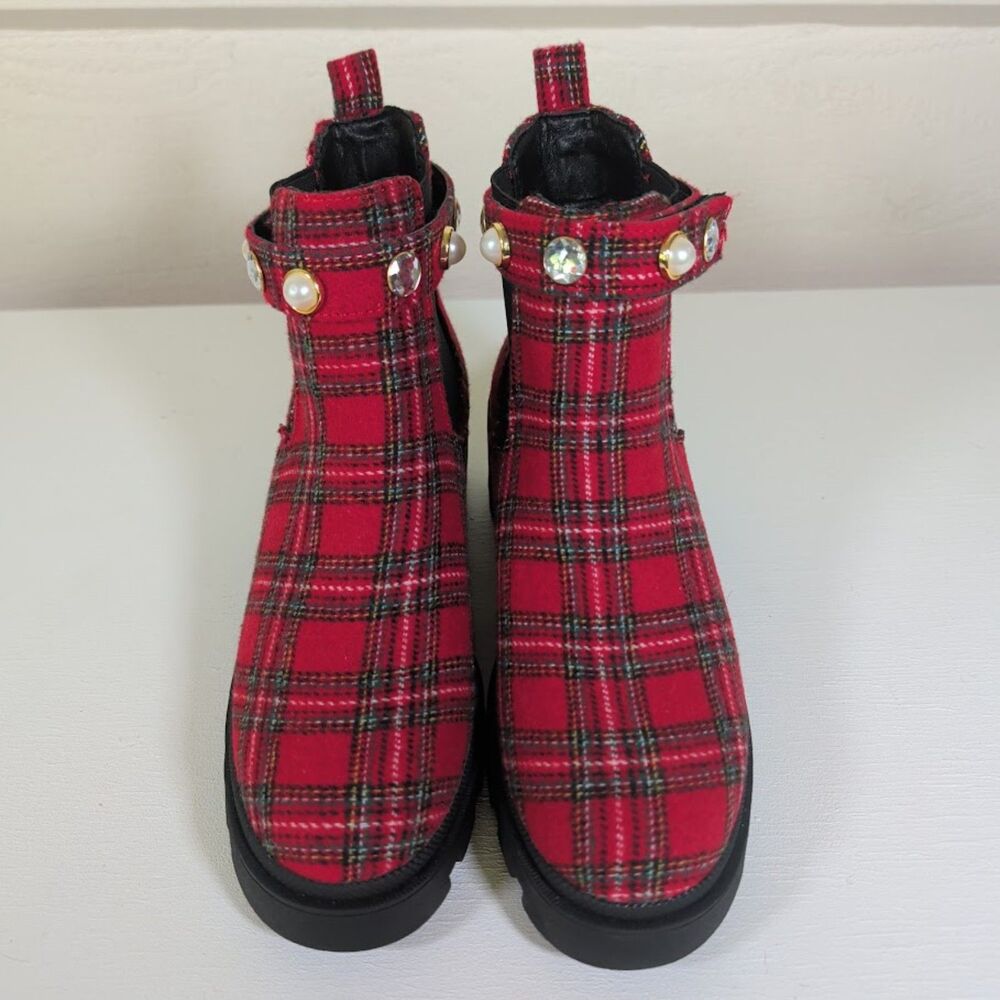Sugar FAVORITE red plaid ankle boots rhinestone